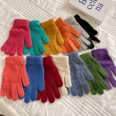 Damen Winter Warm Plüsch Fünf Finger Handschuhe Einfarbig Strick Kaninchenhaar Weiche Fäustlinge