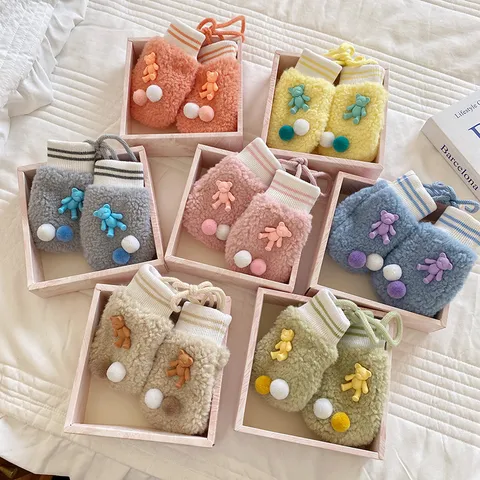 Winter Süße Cartoon Bär Fleece Fäustlinge Verdickte Warme Plüsch Handschuhe Mit Lanyard Und Pompon Für Kinder