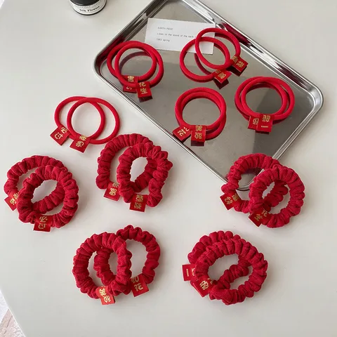 Rote Chinesische Neujahr Haargummis Vintage Bestickte Festliche Elastische Haarseile Haarschmuck Für Damen