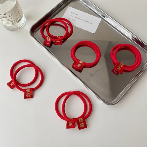 Rote Chinesische Neujahr Haargummis Vintage Bestickte Festliche Elastische Haarseile Haarschmuck Für Damen