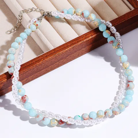 Vintage Brass Plated Natural Stone Artificial Pearl Double-Layer Layered Necklace Women Multicolor Beaded Contrast Color Clavicle Chain Jewelry