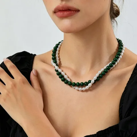 Vintage Brass Plated Natural Stone Artificial Pearl Double-Layer Layered Necklace Women Multicolor Beaded Contrast Color Clavicle Chain Jewelry
