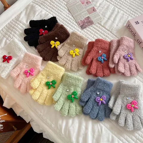 Kinder Korallenfleece Handschuhe Süße Schleife Winter Warm Fünffingerhandschuhe Cartoon Kinder Thermische Fäustlinge Zubehör