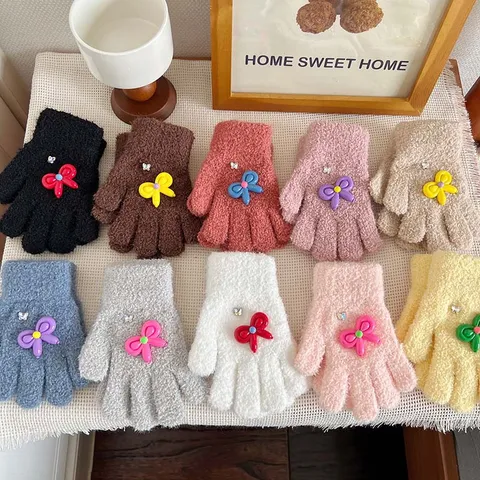 Kinder Korallenfleece Handschuhe Süße Schleife Winter Warm Fünffingerhandschuhe Cartoon Kinder Thermische Fäustlinge Zubehör