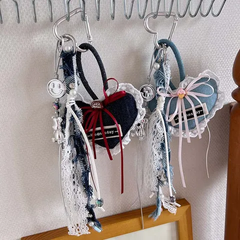 Ins Style Denim Dantela Heart Bag Charm Keychain Sweet Girls Bow Pearl Pendant Car Key Ring Handbag Decoration