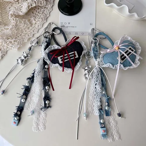 Ins Style Denim Dantela Heart Bag Charm Keychain Sweet Girls Bow Pearl Pendant Car Key Ring Handbag Decoration