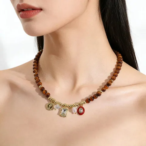 Vintage Tiger Eye Stone Beaded Necklace For Women Maillard Style Alloy Rhinestone Enamel Bowknot Clavicle Chain Jewelry Gift