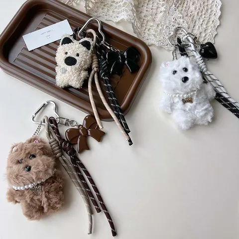 Süßer West Highland Weißer Terrier Hund Plüsch Schlüsselanhänger Tasche Anhänger Kuscheltier Auto Schlüsselring Perle Schleife Zubehör