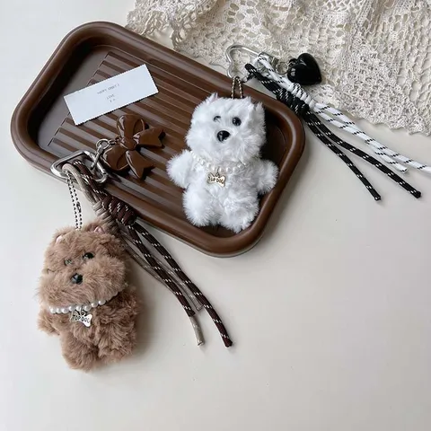 Süßer West Highland Weißer Terrier Hund Plüsch Schlüsselanhänger Tasche Anhänger Kuscheltier Auto Schlüsselring Perle Schleife Zubehör