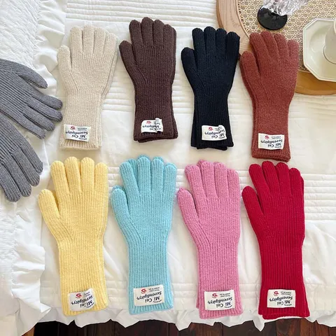 Damen Winter Warm Gestrickte Fünf-Finger-Handschuhe Süßer Koreanischer Stil Touchscreen Lange Thermohandschuhe Einfarbig Reithandschuhe