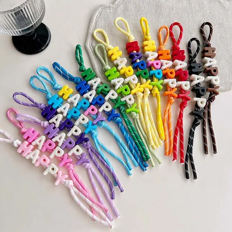 Buntes HAPPY Buchstaben Perlen Geflochtenes Seil Schlüsselanhänger Süßer Dopamin Taschenanhänger Mode Handtaschen Ornament