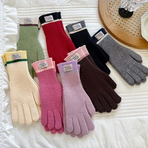 Winter Verdickte Farbblock Touchscreen Gestrickte Handschuhe Für Damen Warme Acryl Geteilte Finger Outdoor Radfahren Handschuhe