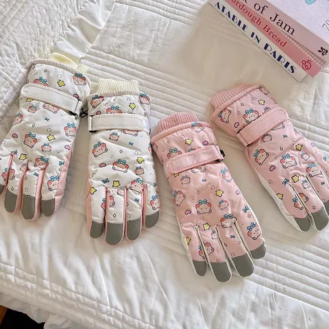 Cute Bear Pattern Thermal Ski Gloves Fleece Lined Touch Screen Five-Finger Warm Winter Gloves For Women And Kids Outdoor Cycling