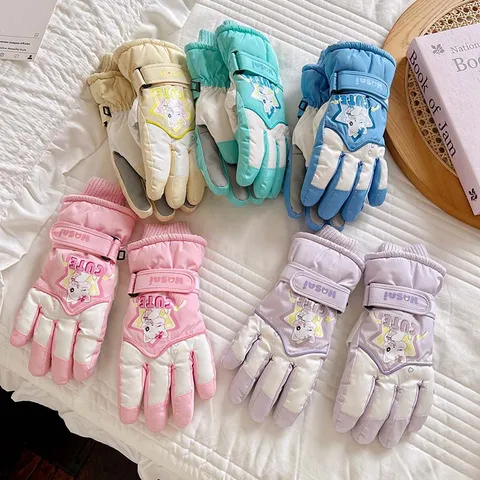 Kids Winter Waterproof Ski Gloves Thickened Thermal Fleece Lined Non Slip Touch Screen Cute Cartoon Gloves For Children