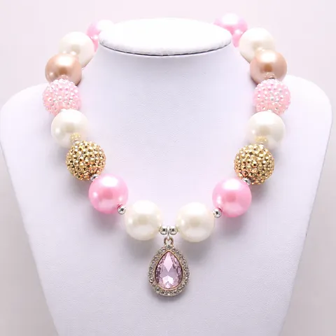 Children Chunky Beaded Necklace Acrylic Pearl Rhinestone Water Drop Crystal Pendant For Little Girls Fashion Jewelry