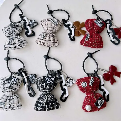 Chic Tweed Plaid Bow Bag Charm Υφασμάτινο Μπρελόκ Με Αλυσίδα Και Διακόσμηση Camellia Για Γυναικεία Τσάντα Αξεσουάρ