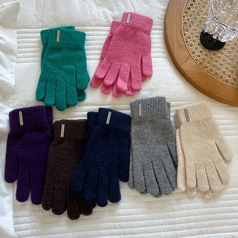 Winter Damen Touchscreen Wollmischung Finger Handschuhe Warme Gestrickte Fahrhandschuhe Mit Metallanhänger Alltag Mode Handschuhe