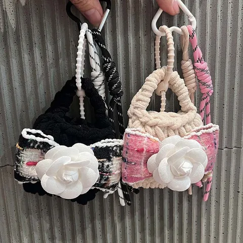 Handmade Braided Bluetooth Earphone Pouch Mini Coin Purse Camellia Tweed Style Keychain Pendant Bag Charm