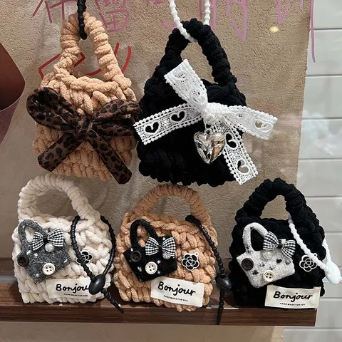 Handmade Woven Plush Bluetooth Earphone Case Chic Bow Camellia Coin Pouch Portable Protective Cover For Women