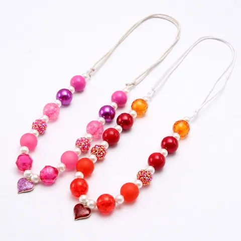 Kids Beaded Necklace Cute Little Heart Alloy Pendant Adjustable Rope Children Plastic Resin Jewelry Gift For Girls