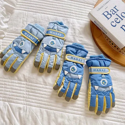 Kids Ski Gloves Waterproof Winter Warm Fleece Lined Thickened Boys Girls Cute Cartoon Monster Anti-Slip Sports Mittens