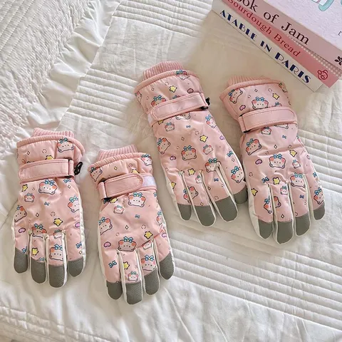 Cute Bear Pattern Thermal Ski Gloves Fleece Lined Touch Screen Five-Finger Warm Winter Gloves For Women And Kids Outdoor Cycling
