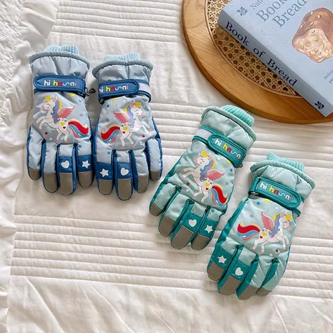 Kids Ski Gloves Waterproof Windproof Thermal Fleece Winter Gloves Cute Cartoon Unicorn Outdoor Snow Sports Gloves