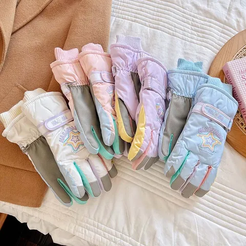 Winter Thickened Thermal Ski Gloves Touch Screen Windproof Cute Five Star Printed Gloves For Women Kids Winter Outdoor