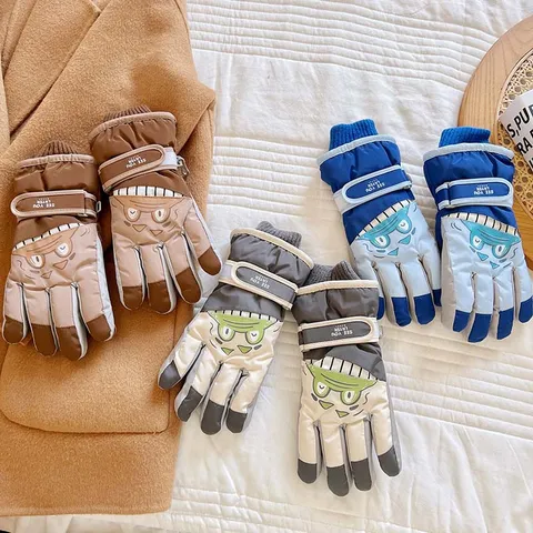 Kids Ski Gloves Waterproof Winter Warm Thermal Fleece Lined Anti-Slip Cartoon Monster Outdoor Snow Gloves For Children