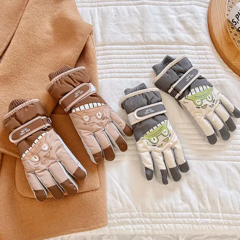 Kids Ski Gloves Waterproof Winter Warm Thermal Fleece Lined Anti-Slip Cartoon Monster Outdoor Snow Gloves For Children