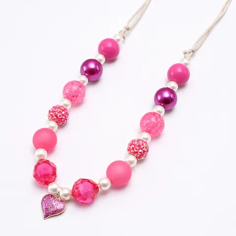 Kids Beaded Necklace Cute Little Heart Alloy Pendant Adjustable Rope Children Plastic Resin Jewelry Gift For Girls