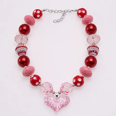 Set Collana Braccialetto con Perline in Plastica Resina Colorata per Bambini Simpatico Ciondolo a Cuore Glitter Gioielli alla Moda Regalo per Ragazze