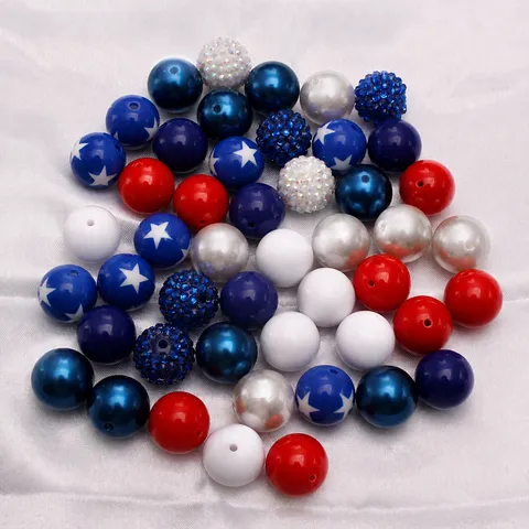 20MM Acrylic Chunky Beads Red White And Blue Star Rhinestone Assorted Bulk Beads For DIY Jewelry Making Crafts