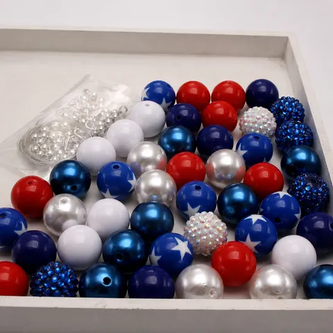20MM Acrylic Chunky Beads Red White And Blue Star Rhinestone Assorted Bulk Beads For DIY Jewelry Making Crafts