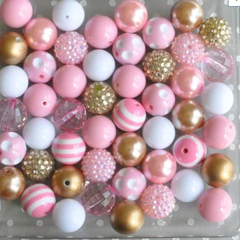 DIY Acrylic Chunky Beads Mixed Color Gold Tone Polka Dot Stripe Craft Beads Bulk Set For Jewelry Making