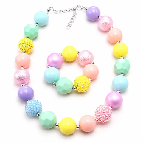 Children Macaron Color Beaded Necklace Bracelet Set Handmade Plastic Resin Cute Jewelry Gift For Little Girls