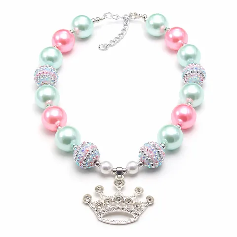 Kids Children Princess Crown Pendant Necklace Artificial Pearl Rhinestone Beaded Chandelier Necklace Girls Jewelry Gift