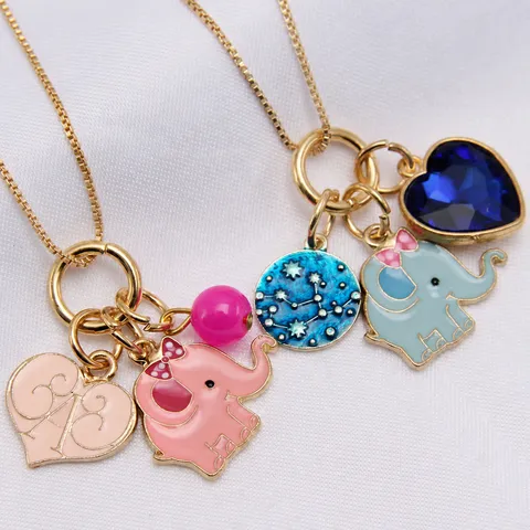 Children Alloy Enamel Elephant Heart Rhinestone Pendant Box Chain Necklace Cute Little Girls Fashion Jewelry