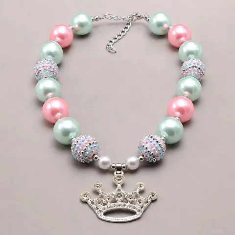 Kids Children Princess Crown Pendant Necklace Artificial Pearl Rhinestone Beaded Chandelier Necklace Girls Jewelry Gift