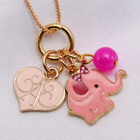 Children Alloy Enamel Elephant Heart Rhinestone Pendant Box Chain Necklace Cute Little Girls Fashion Jewelry