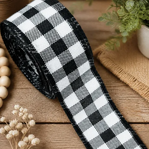 Black and White Plaid Ribbon Polyester Fabric Ribbon for Flower Packaging Baking Festival Party DIY Craft Decoration