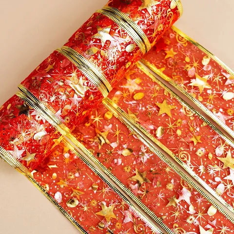 Rot Doppelschichtige Heißprägung Stern Druck Band Weihnachtsbaum Schleife Dekorative Gurtband Feiertag Geschenkverpackung Band