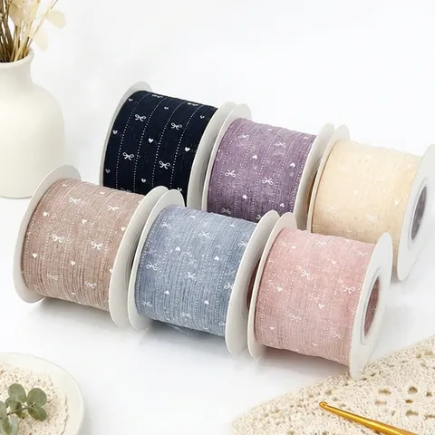 Heart And Bow Print Polyester Ribbon Roll For Baking Packaging Gift Wrapping Flower Decoration DIY Craft Supply