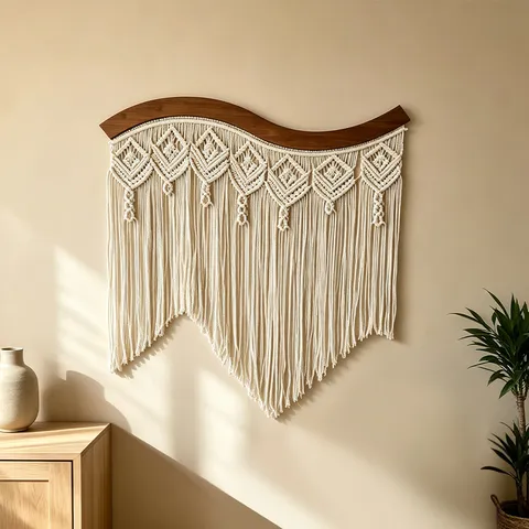 Böhmisch Handgewebt Makramee Wandbehang Baumwolle Quasten Tapisserie Mit Gebogenem Holzstab Wanddeko Für Wohnzimmer Schlafzimmer Heim Kunst