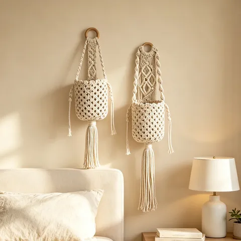 Handgefertigt Baumwolle Seil Gewebt Hängebeutel Böhmisch Wanddeko Aufbewahrungstasche Makramee Wandbehang Mit Quasten Für Haus Wohnzimmer Schlafzimmer Deko