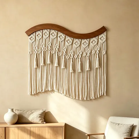Böhmisch Handgewebt Makramee Wandbehang Baumwolle Quasten Tapisserie Mit Gebogenem Holzstab Wanddeko Für Wohnzimmer Schlafzimmer Heim Kunst