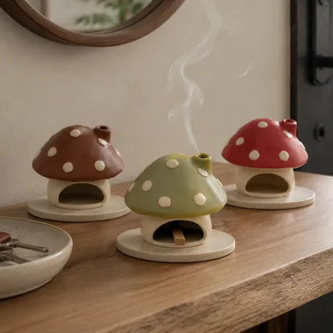 Ceramic Mushroom House Incense Burner Retro Kiln Glazed Desktop Ornament With Smoke Hole Home Office Decor Small Pet Hideout House Gift