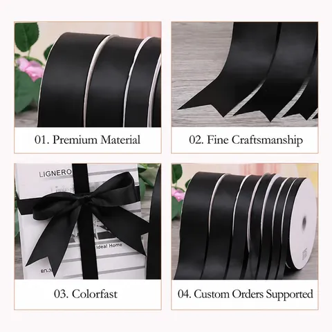 Black Polyester Ribbon Satin Fabric Roll For Gift Wrapping Party Decor Hair Bows Craft Making