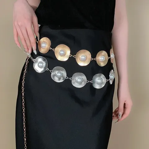Chaîne de Taille en Métal Géométrique Bohémienne pour Femmes Mode Perle Disque Cœur Chaîne Ceinture Robe Polyvalente Jeans Bijoux de Corps