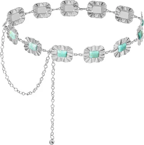 Femme Mode Bohémien Vintage Métal Chaîne de Taille Robe Costume Accessoires Turquoise Motif Géométrique Ceinture Ajustable Bijoux